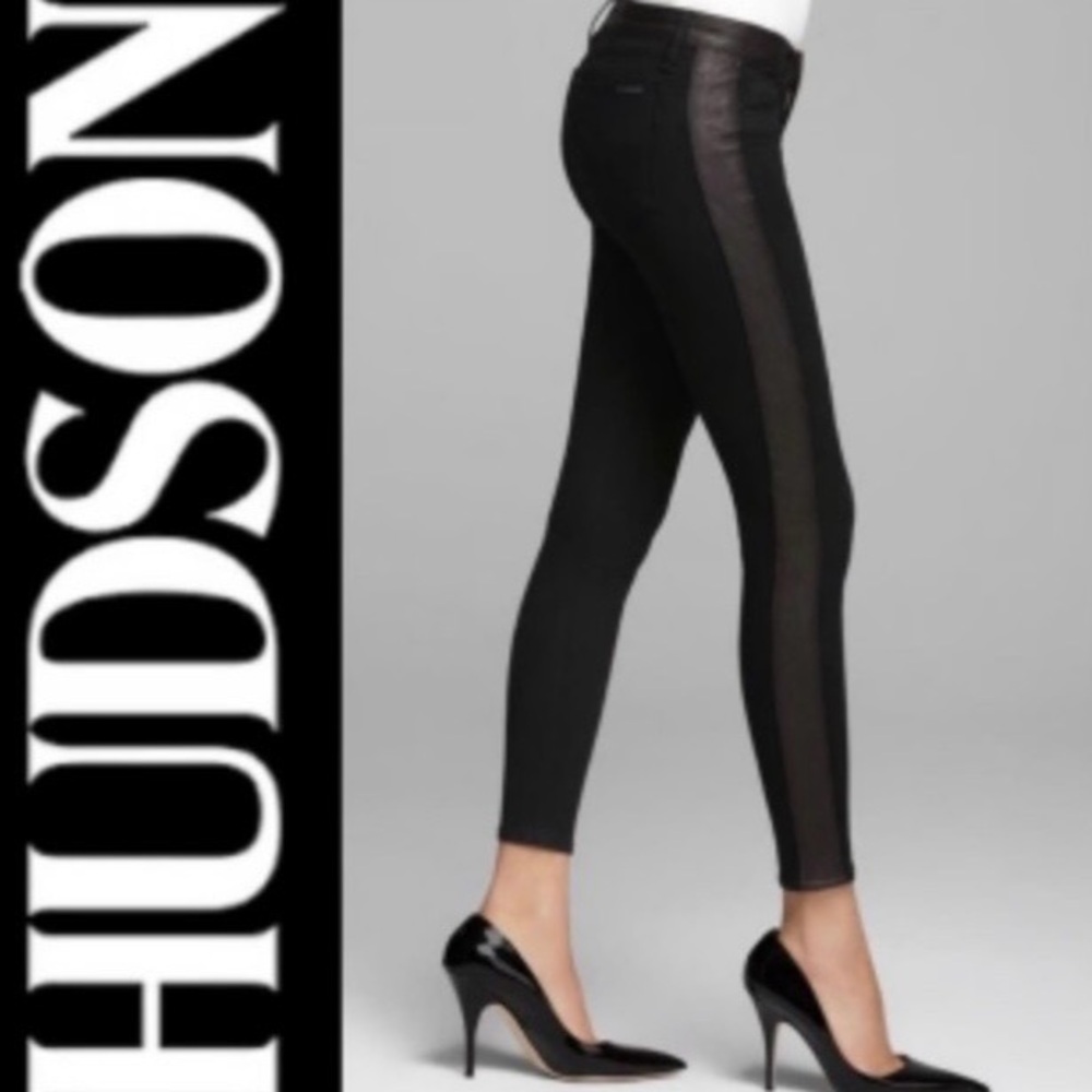 Hudson Jeans Black Skinny Ankle Pants with Shiny Side Panel
